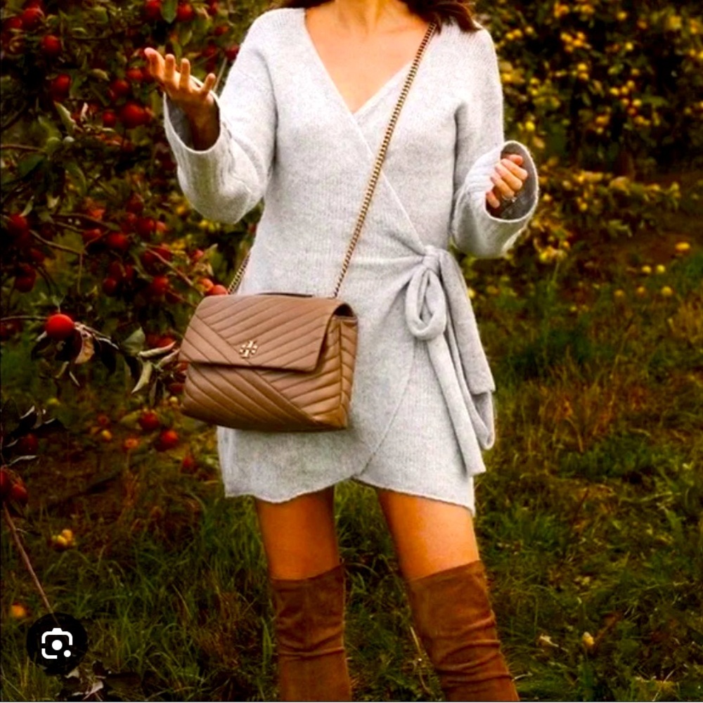 Aerie Cozy Alpaca Blend Long Flare Sleeve Wrap Knit Dress Peach Tan XS